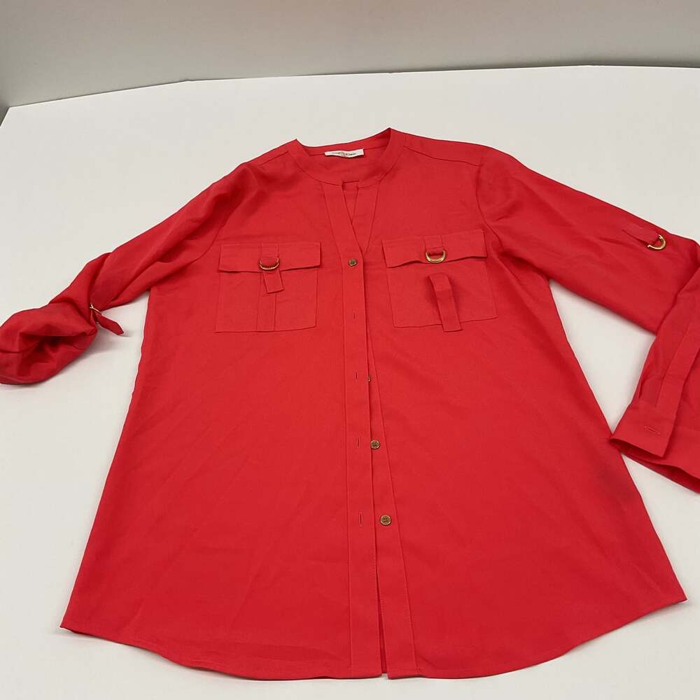 Calvin Klein Women's Size Small Red Roll-Tab Sleeve Gold Hardware Utility Blouse